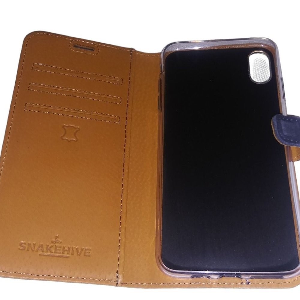 Snakehive Iphone Genuine Leather Case Navy Blue Tan Iphone Xs Card Slot Case